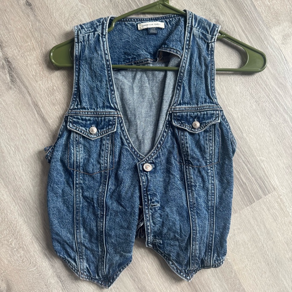 American Eagle Outfitters blue denim vest with contrast stitching